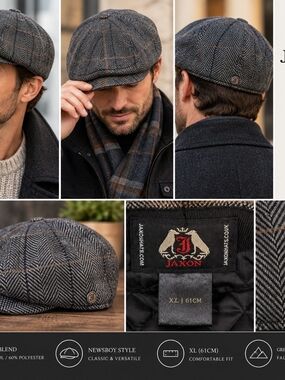 Jax XL Gray Newsboy Cap - Herringbone Tweed